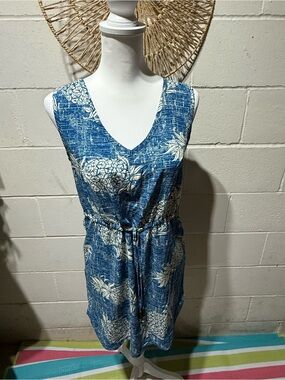 Sleeveless Blue Floral Midi Dress with Drawstring Waist